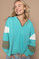 POL Exposed Seam Floral Patchwork French Terry Hoodie Tiffany Blue OutfitFlow